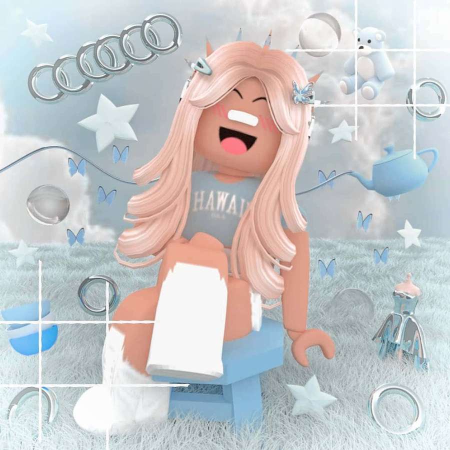 Ein Roblox-Avatar lacht auf einem blauen Hocker, umgeben von schwebenden Sternen, Schmetterlingen und Spielzeug. — Roblox Mädchen Wallpaper