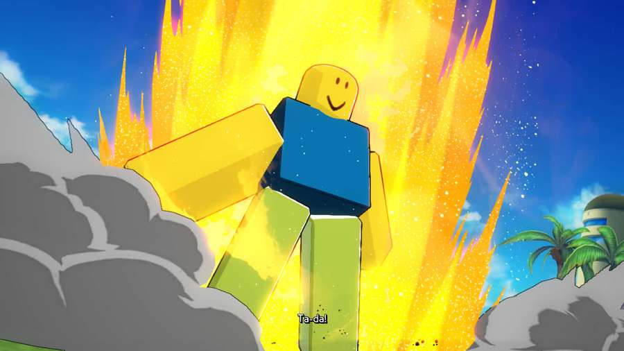 Roblox-Avatar taucht aus feuriger Explosion in tropischer Umgebung auf — Roblox Noob Hintergrundbild
