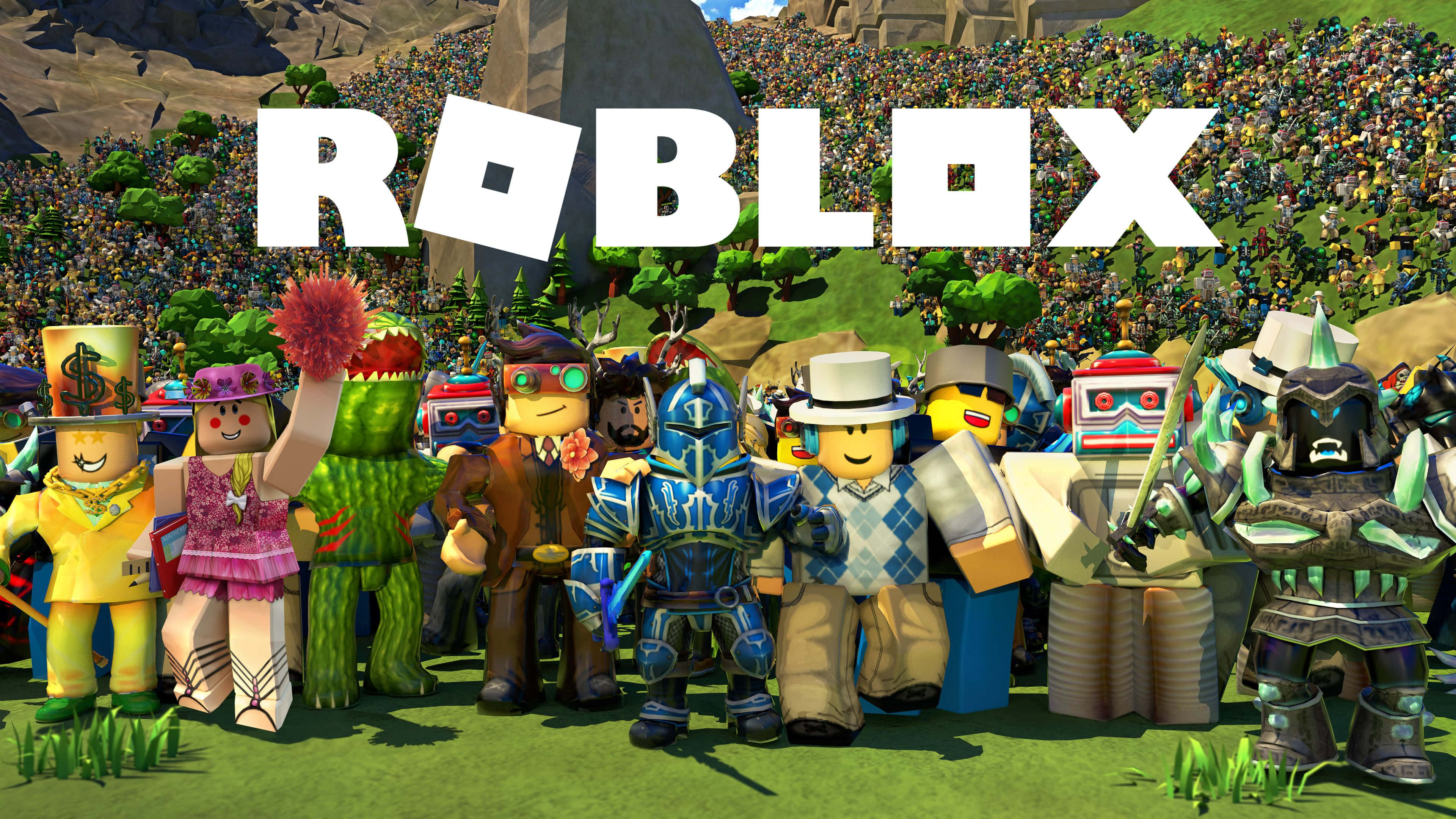 Roblox avatars in colorful outfits stand on grass before a mountain backdrop. — Roblox Wallpaper