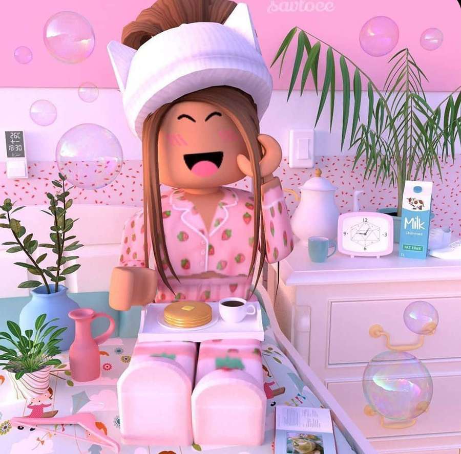 Roblox avatar in pink pajamas laughing with coffee and bubbles in a pastel bedroom. — Roblox Pink Background