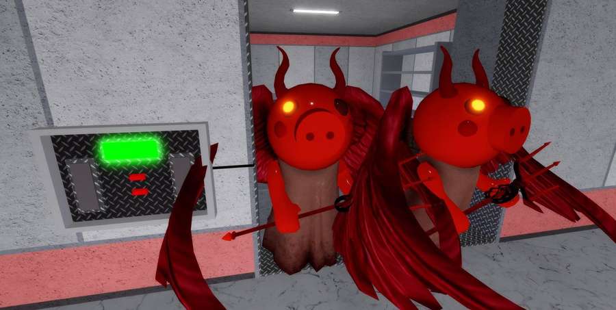 Zwei rote Teufelsschwein-Kreaturen mit glühenden Augen und Flügeln in einem grauen Industrierraum. — Roblox Schweinchen Wallpaper