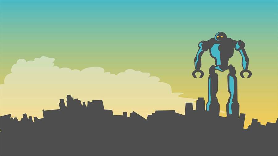 A giant robot silhouette stands over a city at sunset. — Robot Background