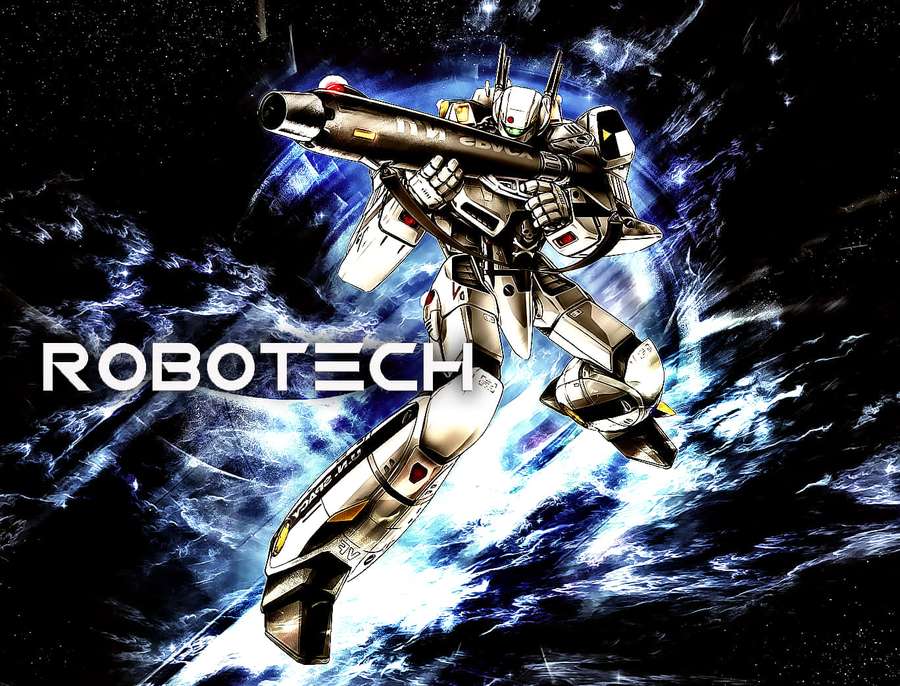 Silberner Roboter mit Kanone bewegt sich durch kosmischen blauen Energiesturm im Weltraum — Robotech Wallpaper