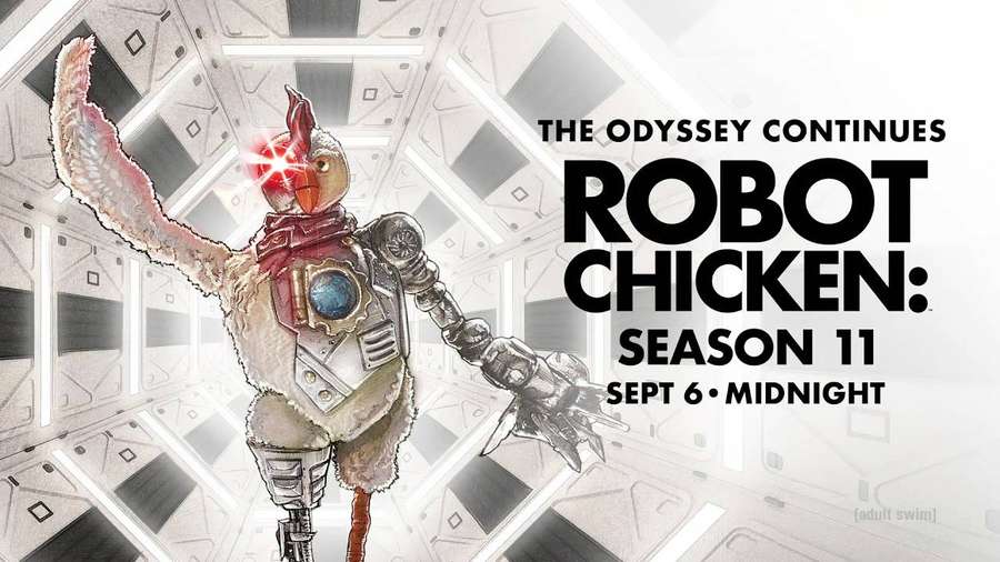 Roboterhuhn-Figur in Sci-Fi-Korridor mit Serientitel und Premieredatum. — Roboter huhn Wallpaper