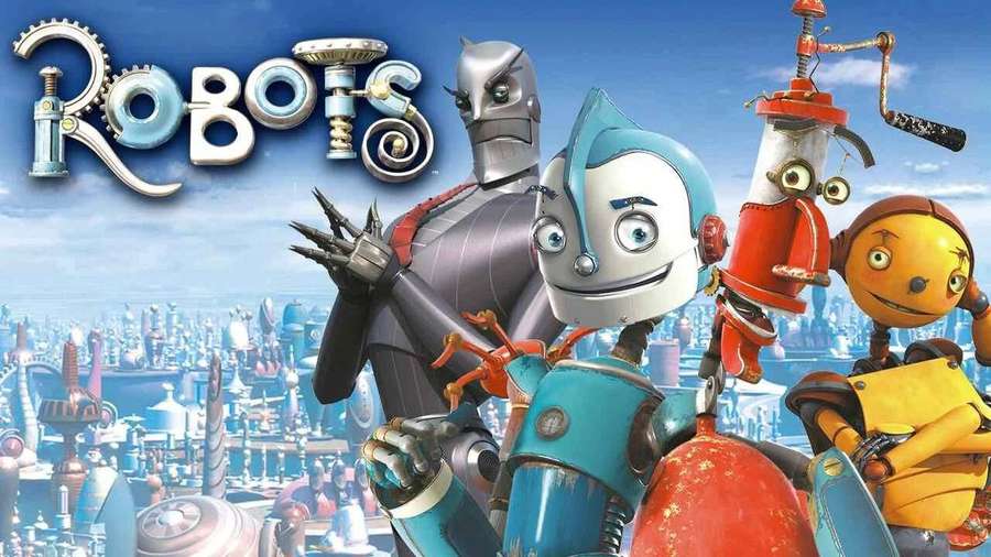 Cuatro alegres robots animados en un paisaje urbano futurista. — Robots Fondos de pantalla