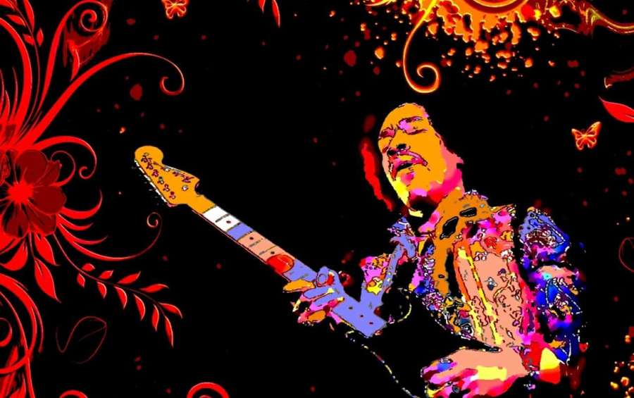 A colorful stylized guitarist playing electric guitar with red floral and butterfly motifs. — Rock and roll Background