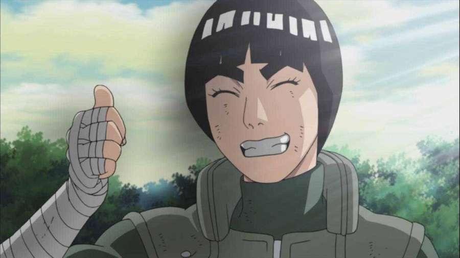 Garota ninja de anime sorrindo e dando joinha ao ar livre. — Rock Lee Papéis de Parede