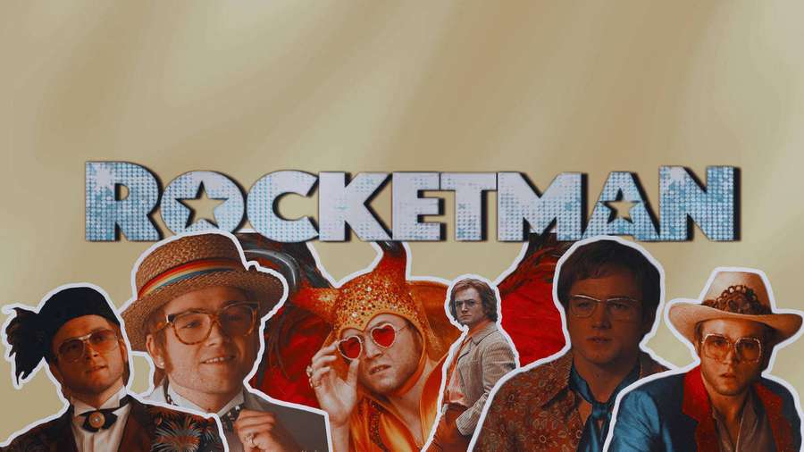 Elton John in various 70s costumes with 'Rocketman' title. — Rocketman Background
