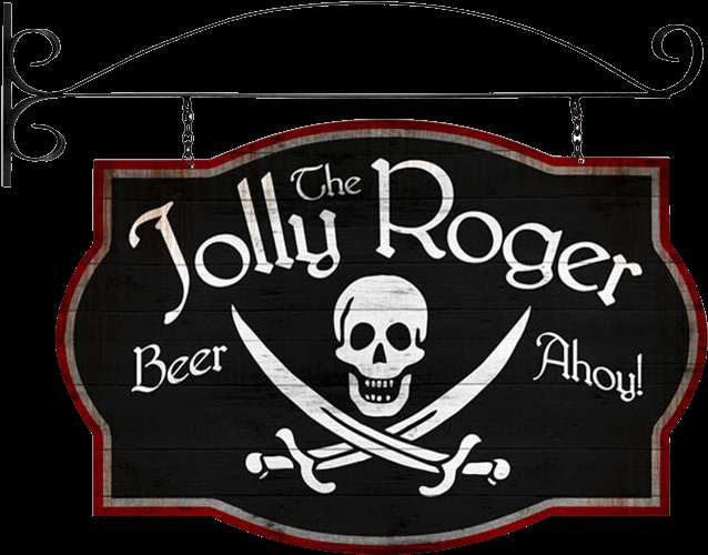Pirate-themed beer tavern sign with skull and crossed swords — Roger PNG
