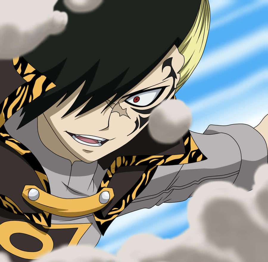Anime character with black and blonde hair throwing a ball against a blue sky. — Rogue Cheney Wallpaper