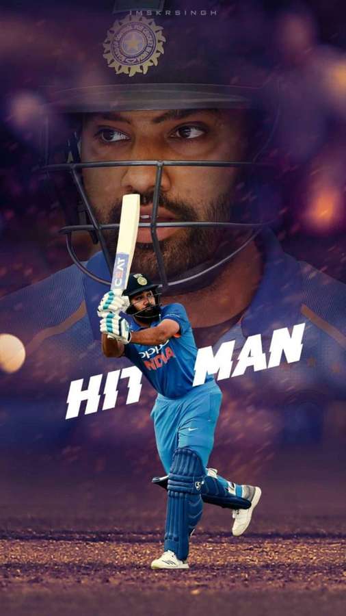 Cricketspieler in blauer Uniform schwingt Schläger mit 'HIT MAN'-Text. — Rohit Sharma Bilder