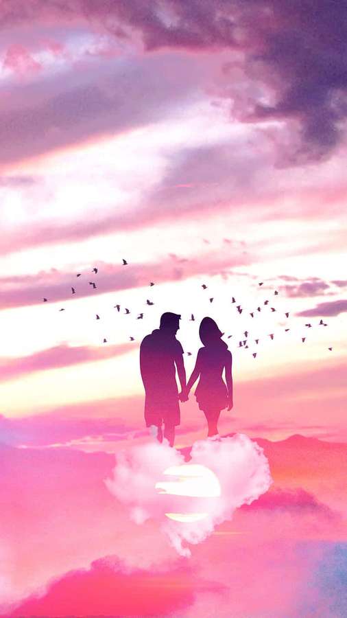 Silhouetted couple holding hands on a heart cloud during a pink and purple sunset. — Romantic Background