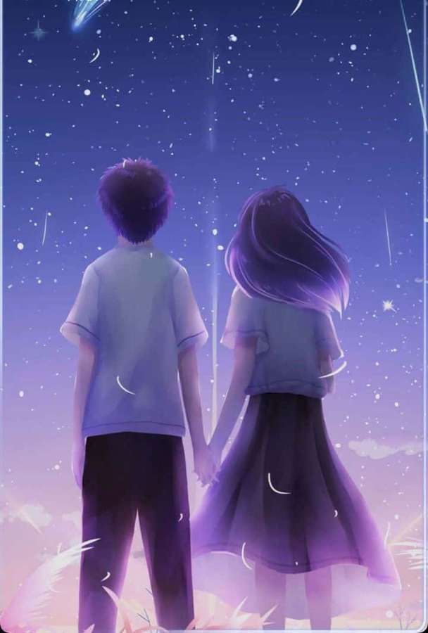 Zwei Personen halten Hände unter einem sternenklaren lila Himmel mit Meteoren und Halbmonden. — Romantischer Anime Wallpaper