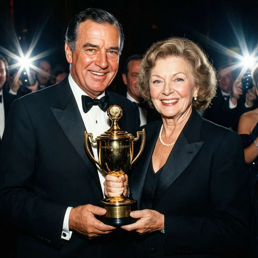Ronald Colman and Jane Wyman celebrating with a trophy at a glamorous event, high key lighting and candid joy. — Ronald Colman Picture