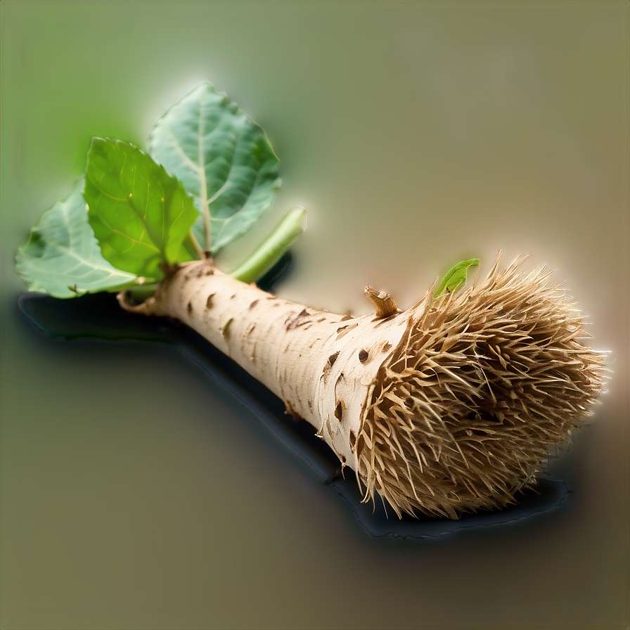 A fresh burdock root with green leaves and fibrous root hairs on a dark surface. — Root PNG