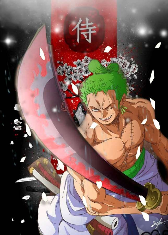 Guerrero de anime con cabello verde blandiendo una gran espada mientras caen pétalos de cerezo a su alrededor. — Roronoa Fondos de pantalla
