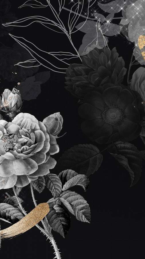 Rosas monocromáticas com acentos dourados em um fundo escuro estrelado. — Rosa estética preta Papéis de Parede