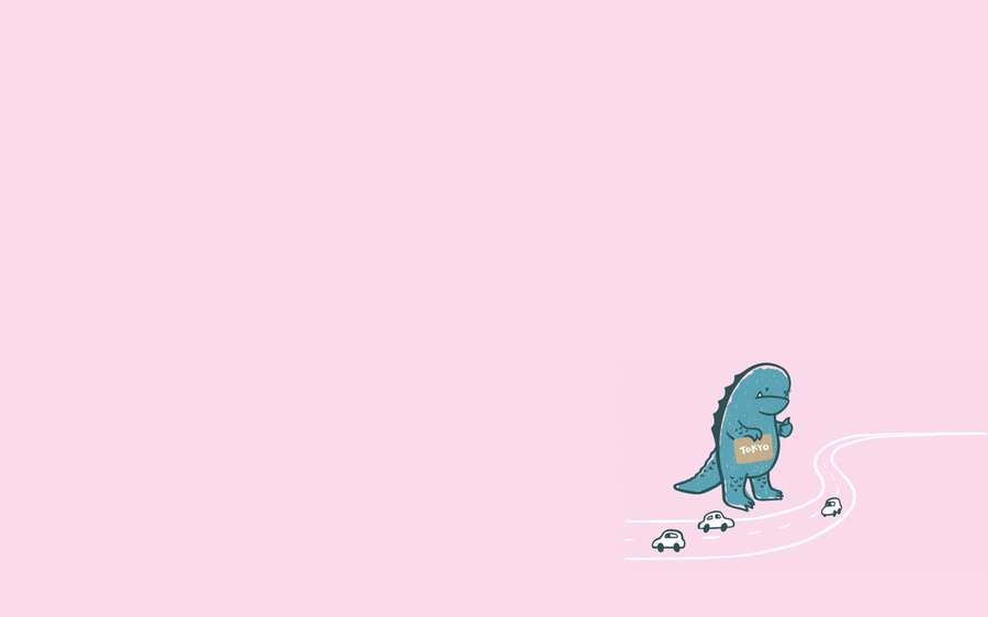 Um dinossauro azul de desenho animado com uma placa de Tóquio caminha em uma estrada com carros pequenos em um fundo rosa. — Rosa simples Papéis de Parede