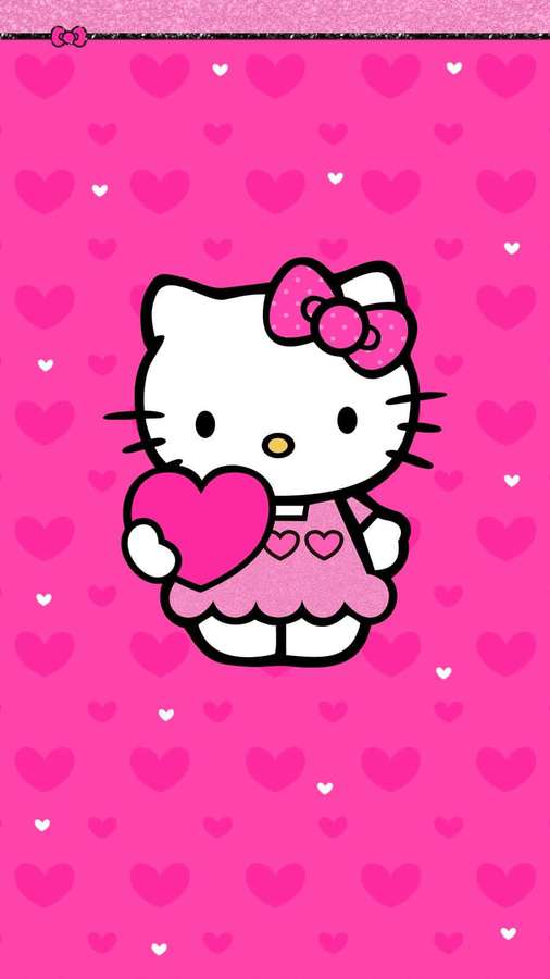 Hello Kitty segurando um coração rosa em um fundo rosa de corações. — Rosa Papéis de Parede