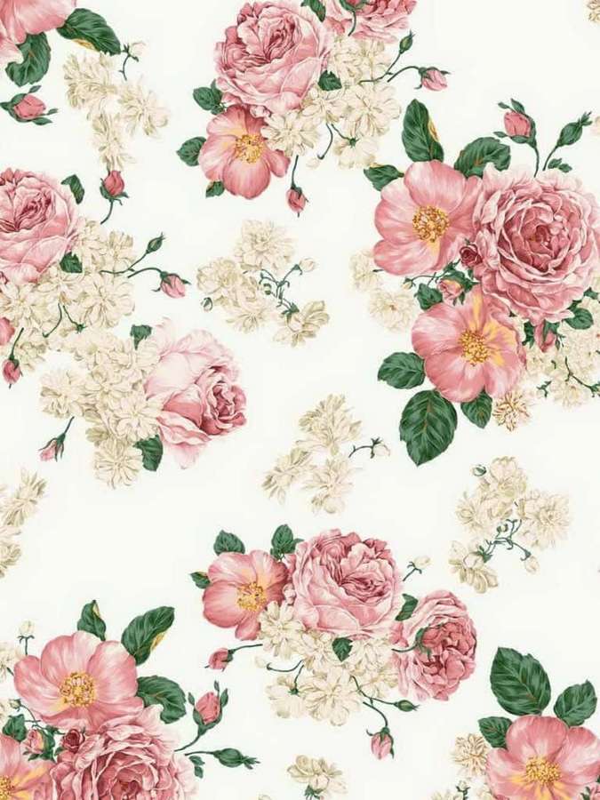 Vintage-Blumentapete mit rosa Rosen und cremefarbenen Blumen auf cremefarbenem Hintergrund. — Rosa Und Weiß Wallpaper