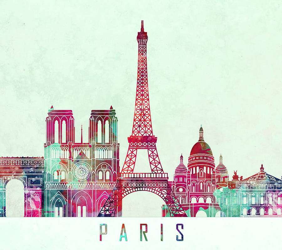 Pariser Skyline mit Eiffelturm, Notre Dame und Sacré-Cœur in farbenfrohem Aquarellstil. — Rosafarbener Eiffelturm Wallpaper