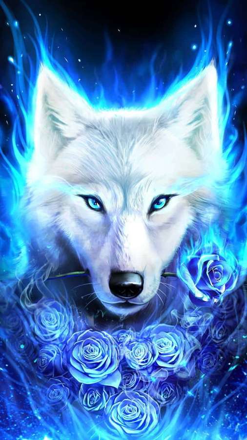Weißer Wolf mit blauen Augen, umgeben von blauen Flammen und Rosen in einer sternenklaren Nacht. — Rosafarbener Wolf Wallpaper