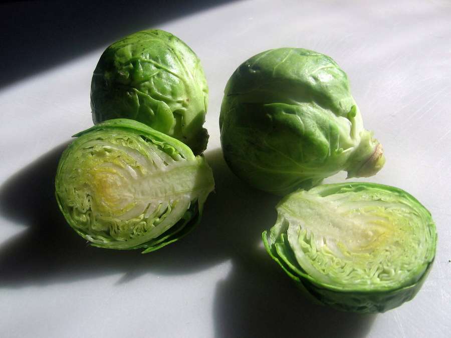 Frischer Rosenkohl ganz und halbiert auf weißem Untergrund mit starkem Licht und Schatten. — Rosenkohl Wallpaper