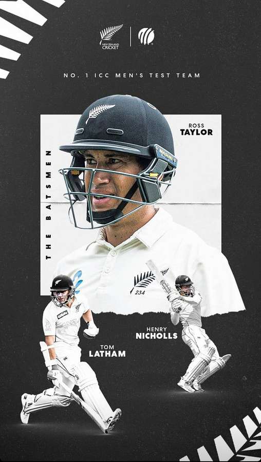 Neuseeländische Cricket-Schlagmänner Ross Taylor, Tom Latham und Henry Nicholls in weißen Uniformen auf schwarzem Hintergrund. — Ross Wallpaper