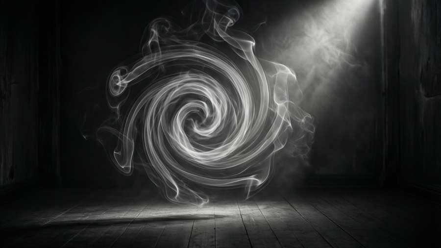A mysterious spiral of smoke rotating in darkness with a single light beam. — Rotate Wallpaper