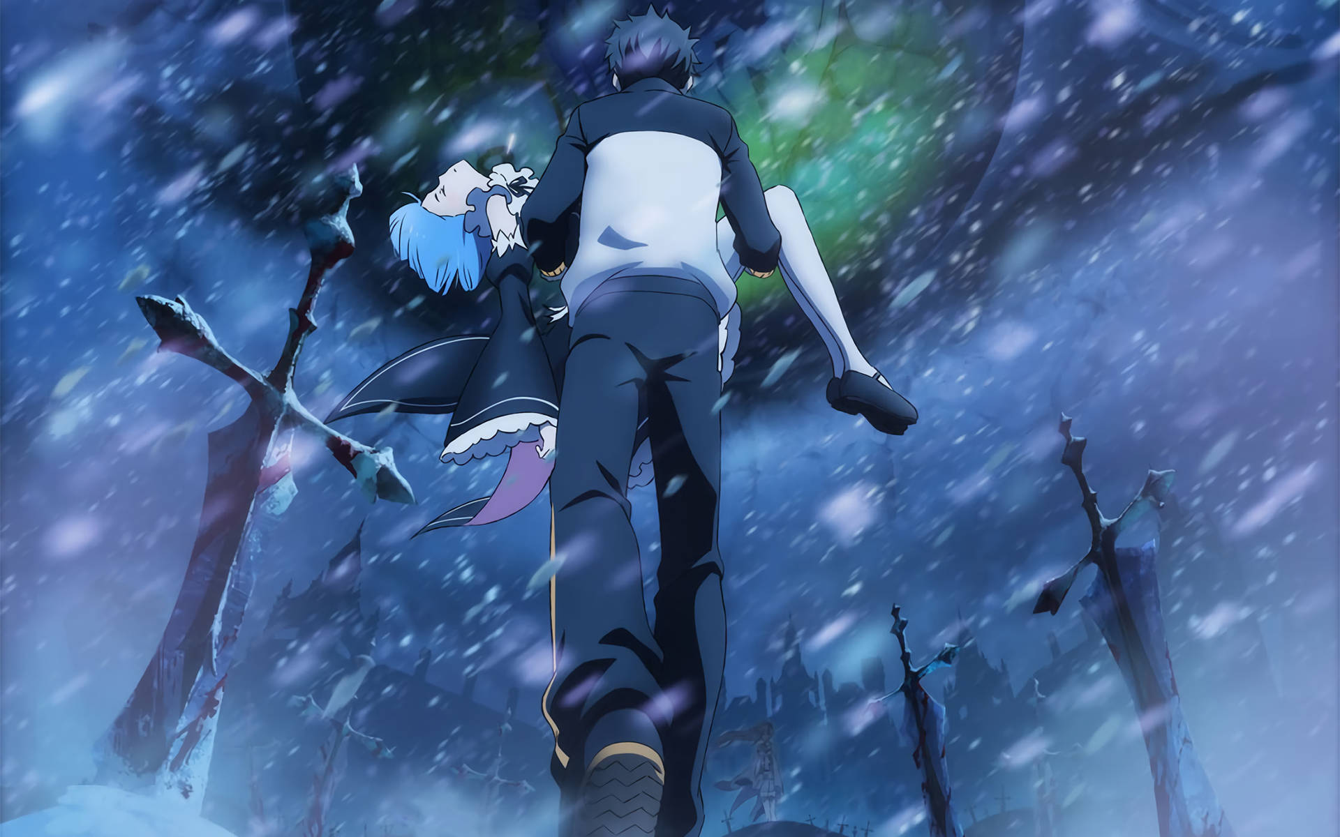 Anime-Figur trägt einen kleinen Begleiter durch verschneiten Friedhof unter Aurora. — Rote Null Wallpaper