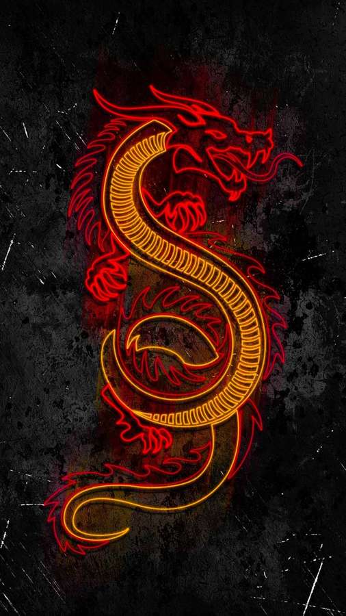 Neonroter und oranger Drache, der auf einer zerkratzten schwarzen Wand leuchtet. — Roter Drache Wallpaper