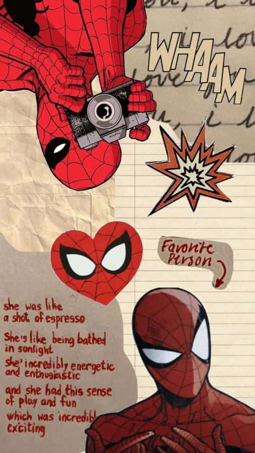 Spider-Man hält eine Kamera mit Comic-Elementen und handgeschriebenen Notizen auf Notizpapier. — Rotes iPhone X Wallpaper