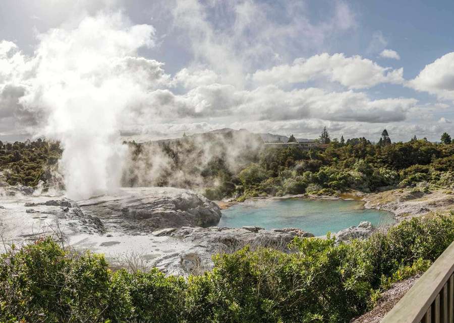 Geothermischer Pool, der Dampf abgibt, umgeben von grüner Vegetation unter einem bewölkten Himmel. — Rotorua Wallpaper