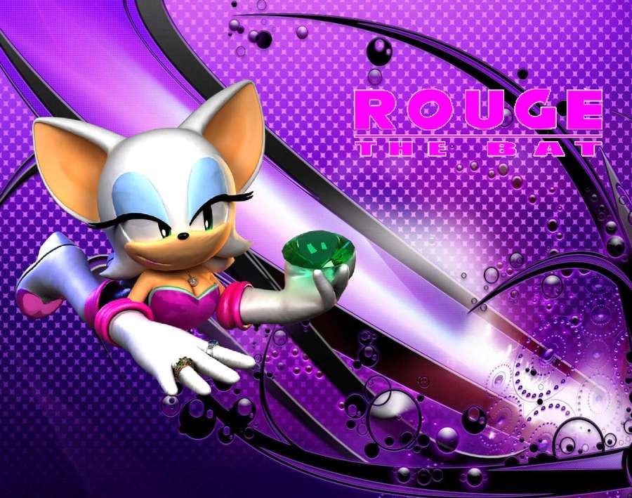 Rouge the Bat sosteniendo una gema verde sobre un fondo de burbujas púrpura. — Rouge The Bat Fondos de pantalla