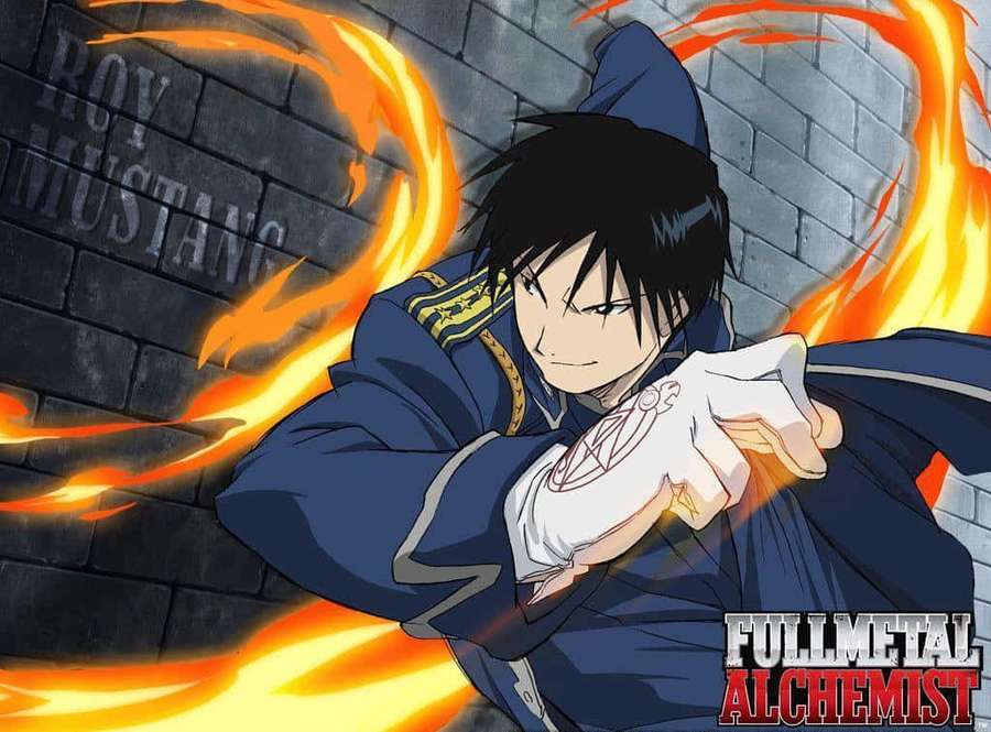 Personaje de anime Roy Mustang en uniforme usando llamas de alquimia contra una pared de ladrillos. — Roy Mustang Fondos de pantalla