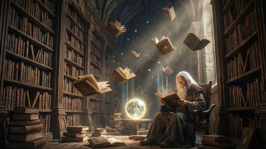 Grand ancient library with floating books and sage, intellectual RPG setting. — Rpg Games Picture