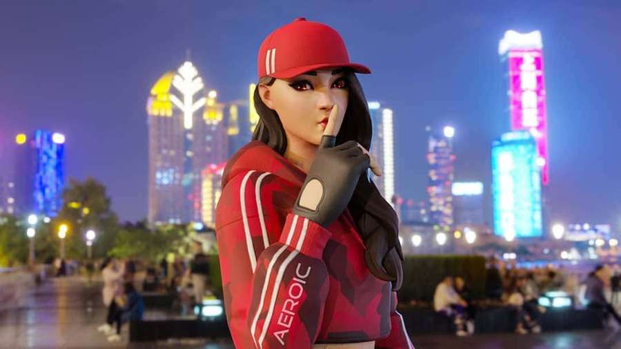 Anime character in red hoodie and cap holding finger to lips in neon city at night — Ruby Fortnite Skin Wallpaper