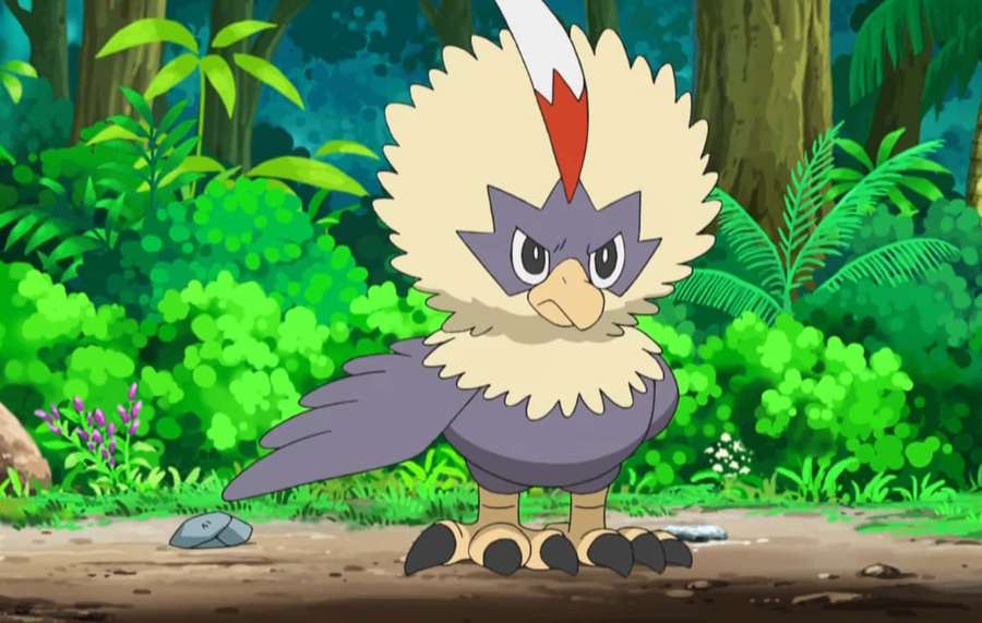A cartoon bird with a red crest stands in a green jungle. — Rufflet Wallpaper