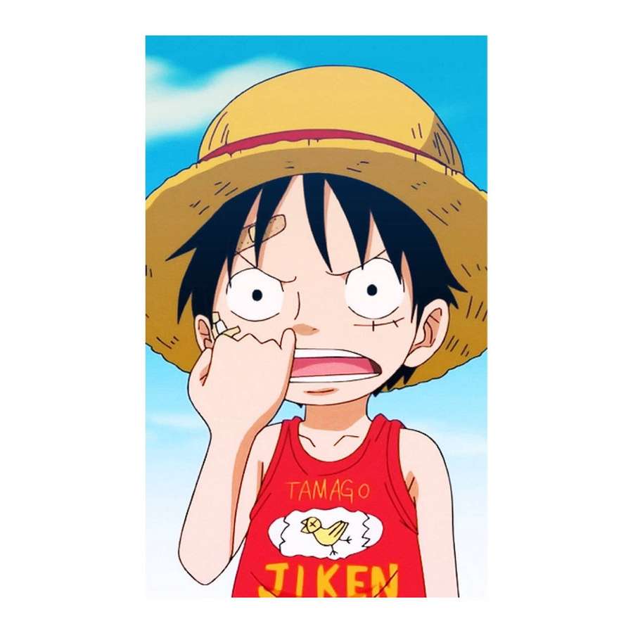 Anime-Junge mit Strohhut beißt sich in den Finger, trägt rotes Tanktop mit Hühnermotiv. — Ruffy Lustig Wallpaper