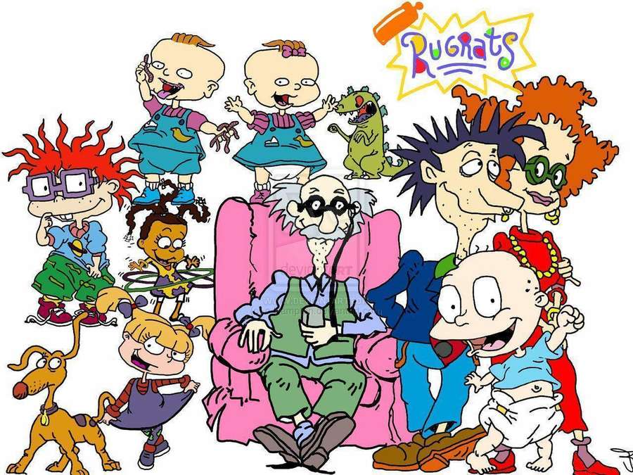 Rugrats-sarjakuvahahmot, mukaan lukien Tommy, Chuckie, Angelica ja heidän vanhempansa dinosauruslelun kanssa. — Rugrats Taustakuvat