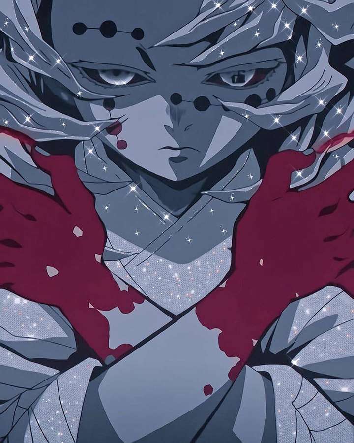 Anime character with silver hair and red bloodstains on a gray kimono, glowing with sparkles. — Rui Demon Slayer Background