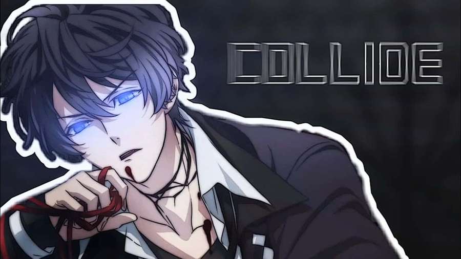 Anime character with blue eyes holding red string against dark background with text COLLIDE. — Ruki Mukami Wallpaper