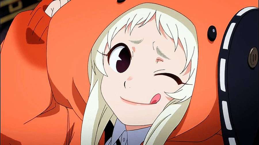 Anime girl with white hair winks cheerfully in an orange hoodie. — Runa Yomozuki Background