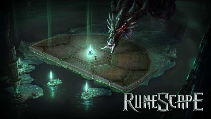 A small figure confronts a giant dragon in a glowing dungeon setting. — Runescape Background