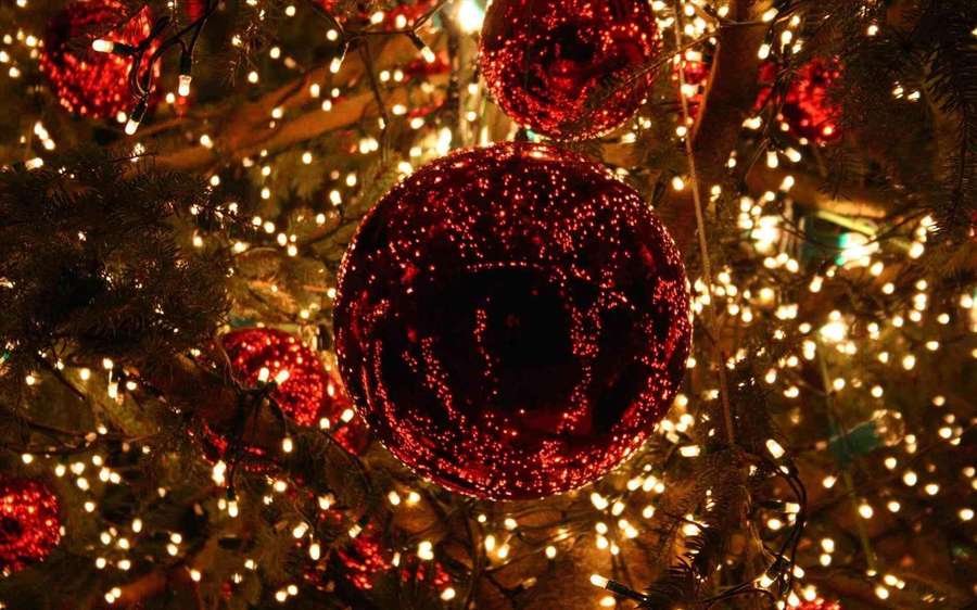 Close-up of red ornaments and warm fairy lights on a Christmas tree. — Rustic Christmas Background