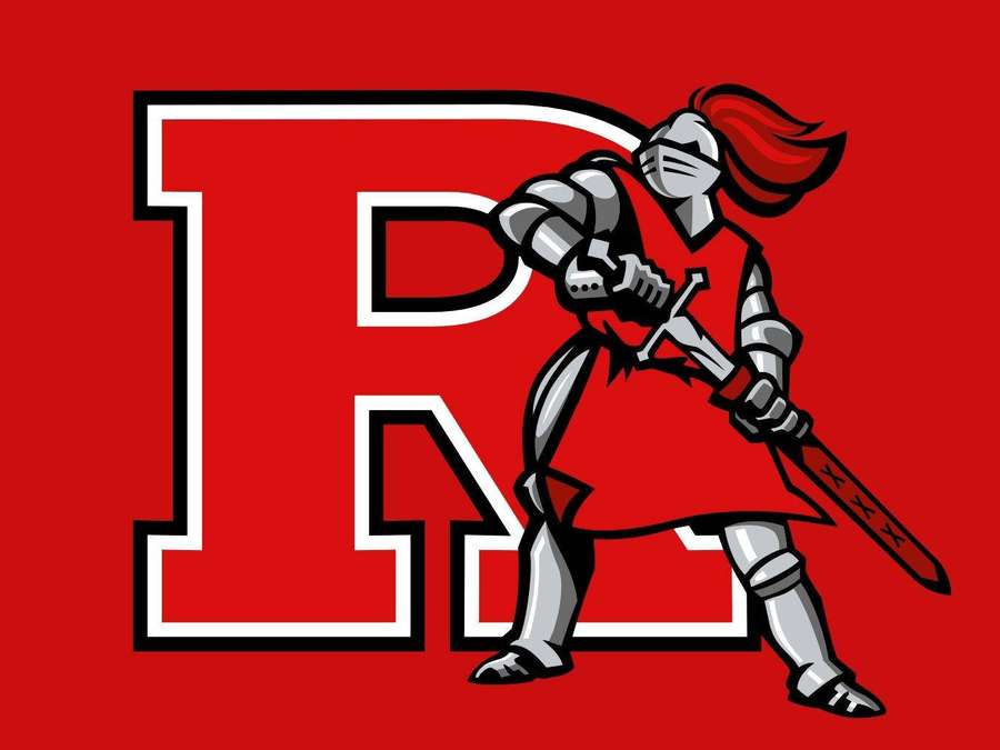 Mascotte cavaliere in armatura argentata con spada accanto a grande lettera R rossa. — Rutgers Sfondi