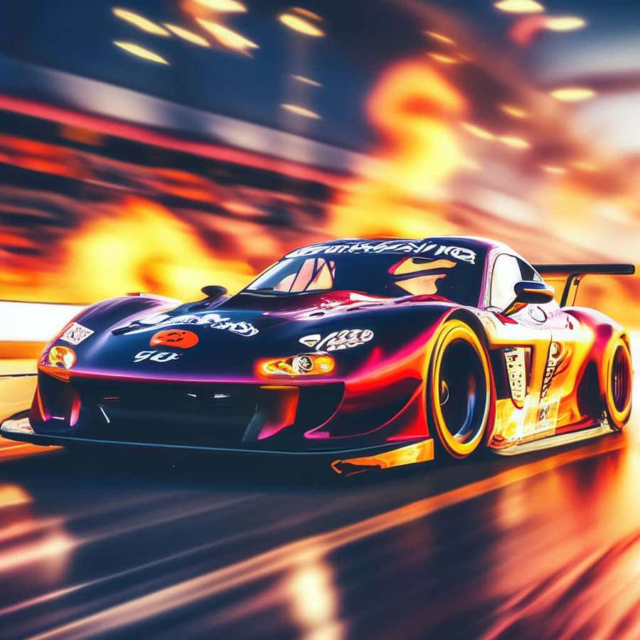 A purple race car with orange flames speeding through a glowing tunnel. — Rx7 Drift Wallpaper
