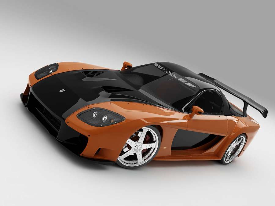 Orangefarbenes und schwarzes Sportauto mit silbernen Felgen im Studio — Rx7 Hintergrundbild