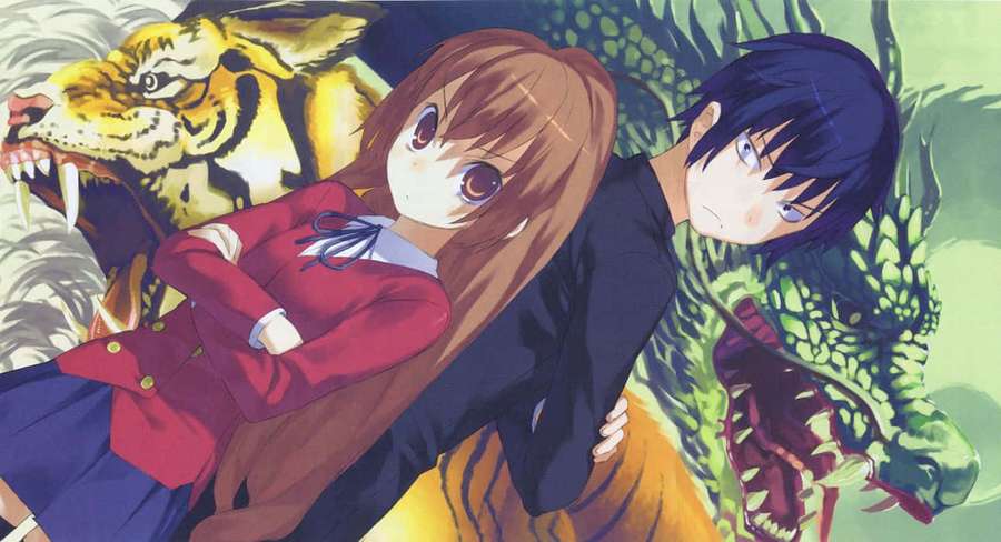 Two anime students in school uniforms pose beside a tiger and dragon in a jungle. — Ryuji Ayukawa Wallpaper