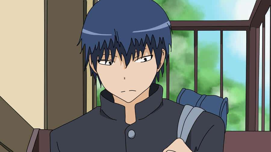 Chico anime de pelo azul en uniforme escolar con mochila en el interior cerca de la ventana. — Ryuuji Takasu Fondos de pantalla